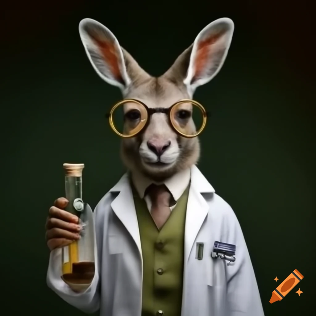 Kangaroo in dress and lab coat holding a flask with pointy glasses