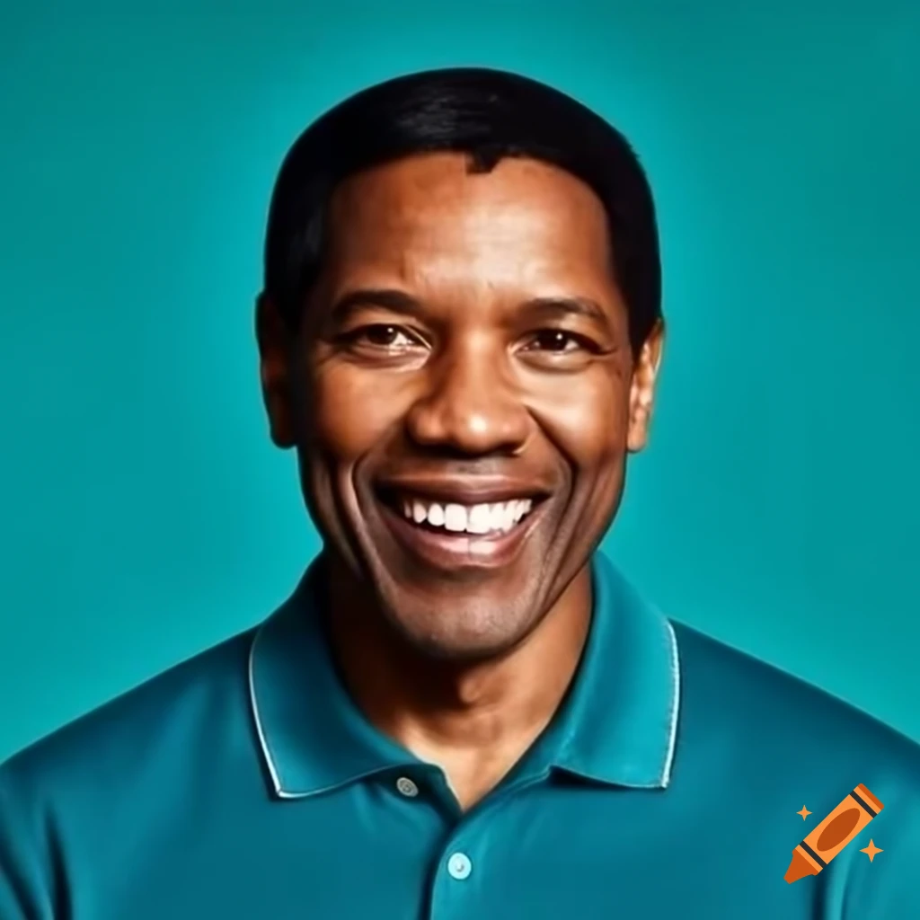Denzel Washington in teal polo shirt with teal background