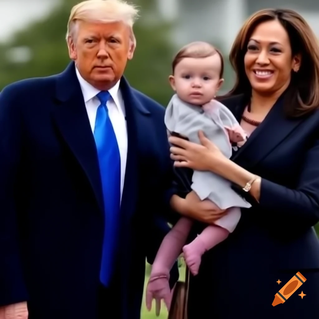 Trump and Kamala depicted as parents with a baby in a whimsical illustration
