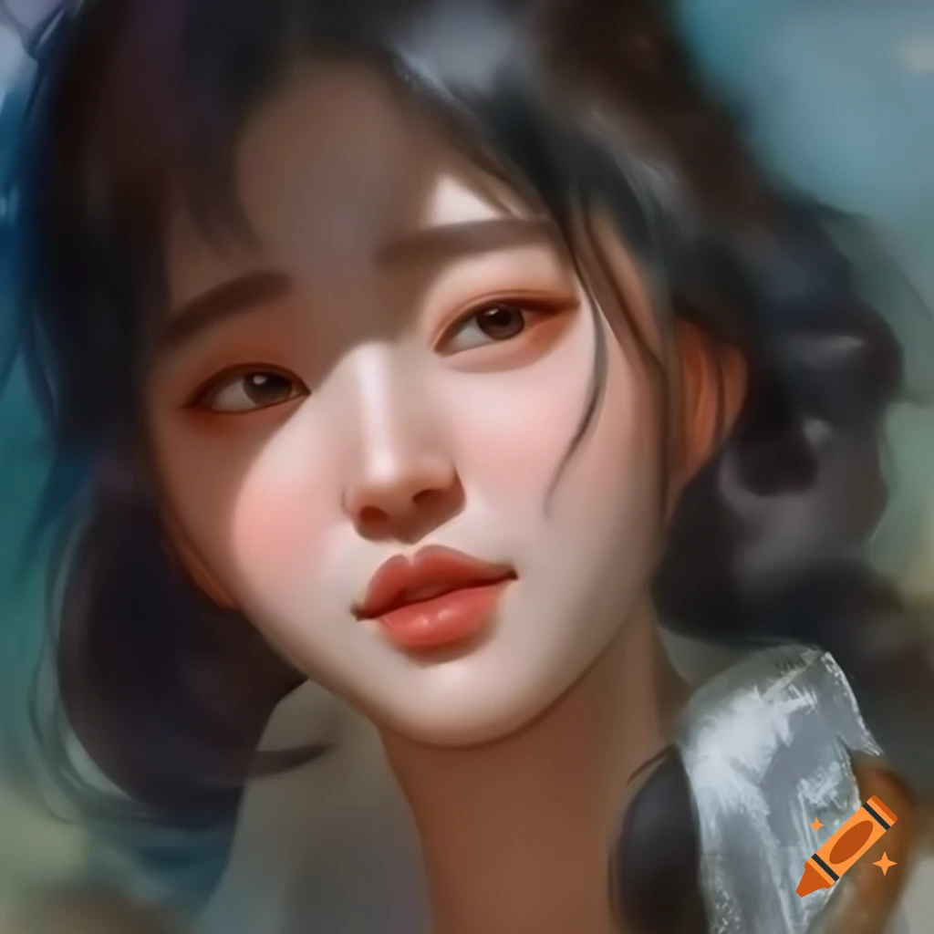 Detailed digital portrait of a charming Korean woman in watercolor style