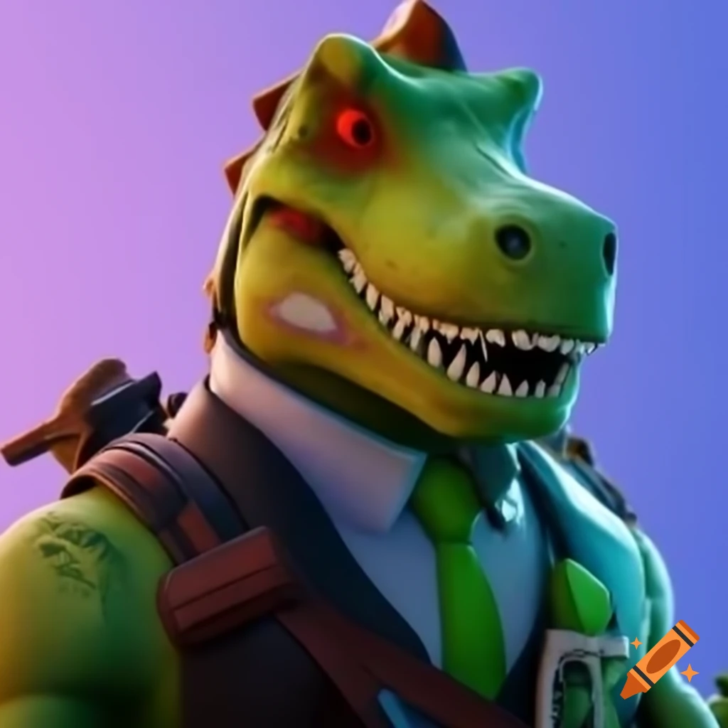 Fortnite-inspired glowing T-Rex in suit holding pump shotgun