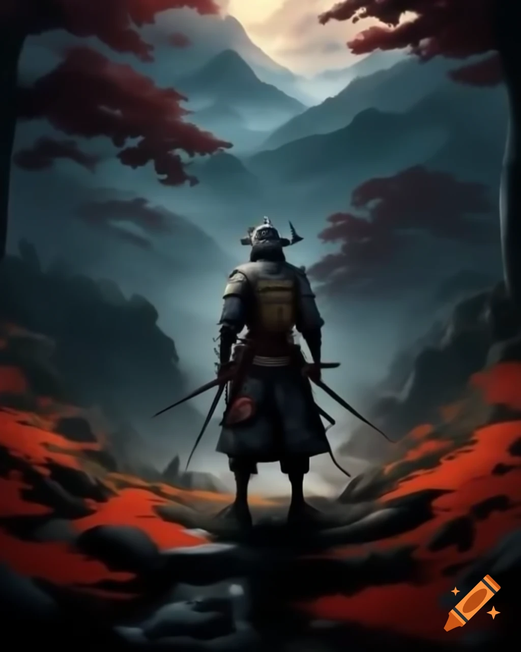 Wandering samurai overlooking mountain forest in evening, dark fantasy atmosphere