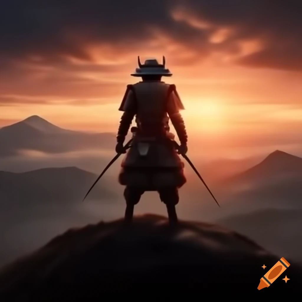 Samurai overlooking sunset and enemy army with sword drawn