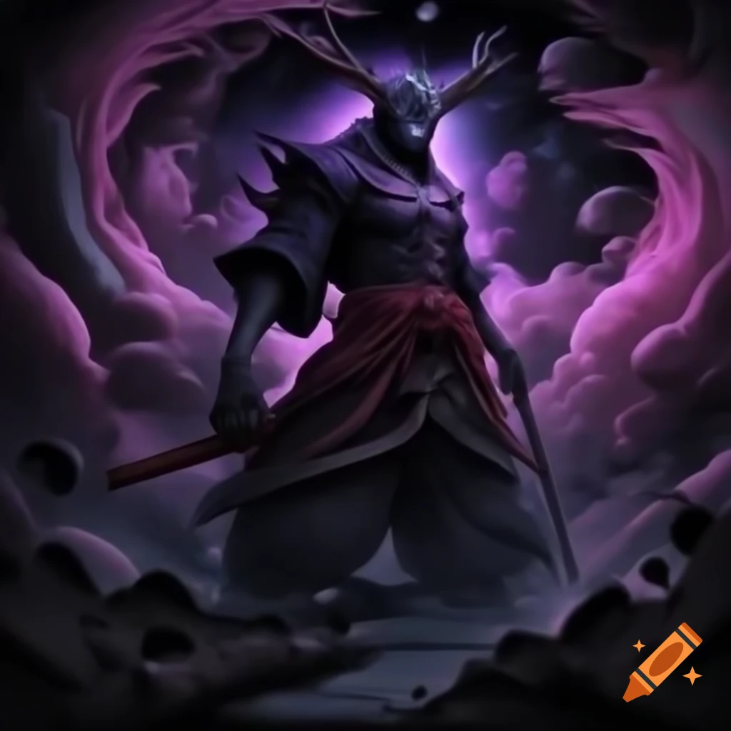 Mystical shinobi in dark attire battles multiple enemies in Hokusai art style
