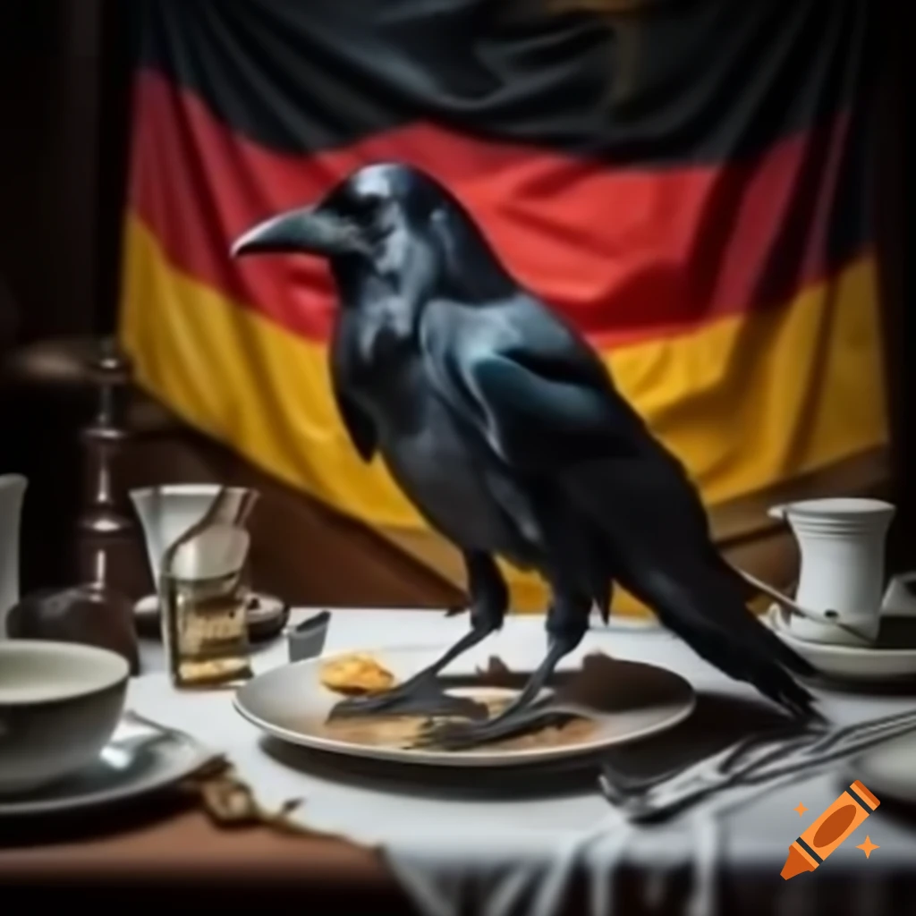 Crow on a dinner plate with a German flag background