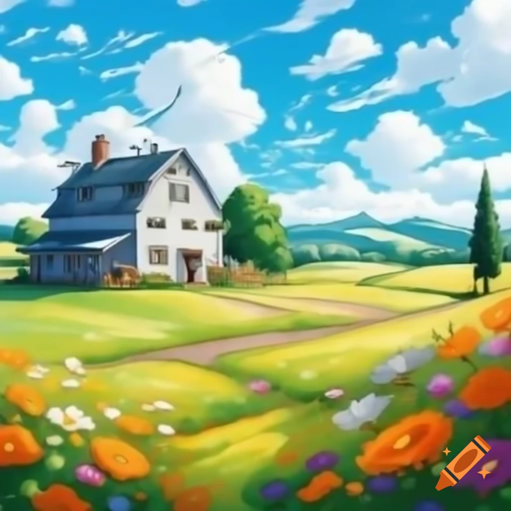 Farmhouse surrounded by flowers under a beautiful sky