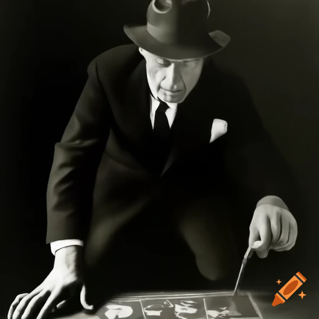 Detective in suit analyzing clue in dark, vintage art style