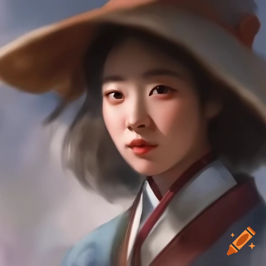 Detailed digital portrait of a charming Korean woman in watercolor style