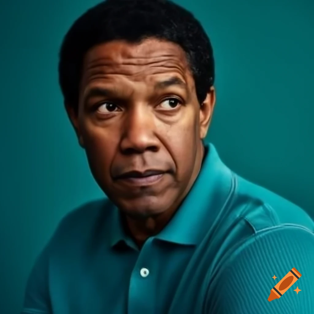 Denzel Washington in teal polo shirt with teal background