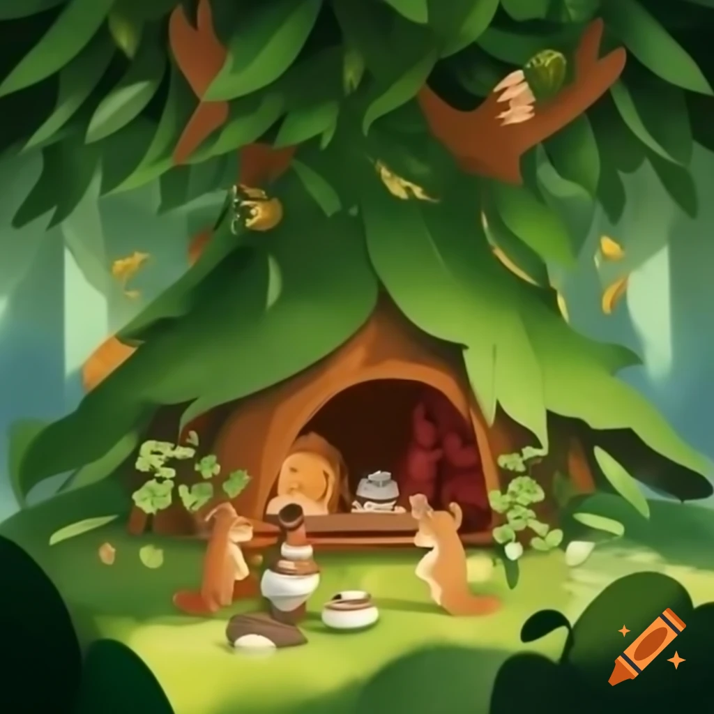 Squirrels in emerald canopy hosting afternoon tea at whimsical tree house