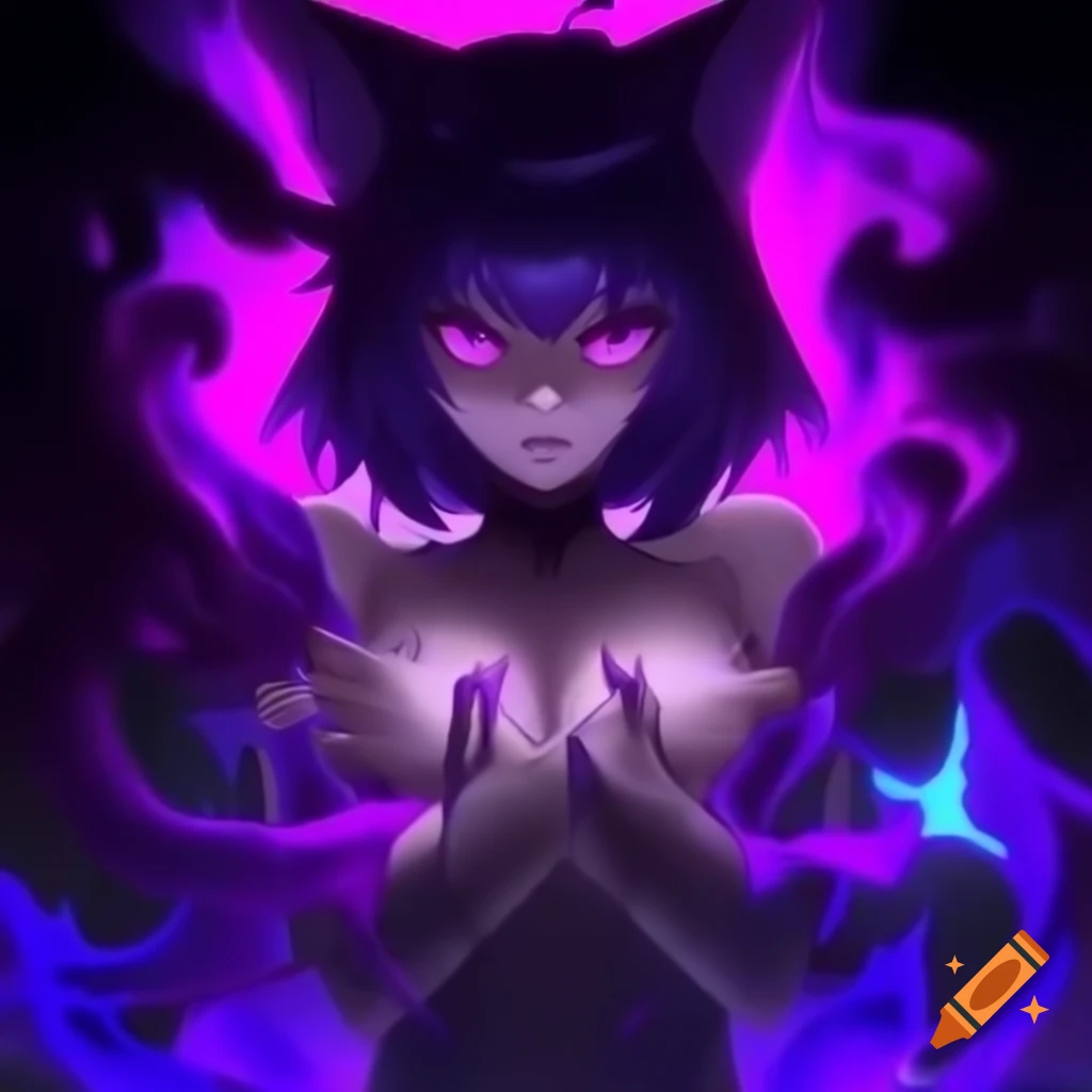 Anime cat girl striking a stoic pose against a vibrant purple galaxy