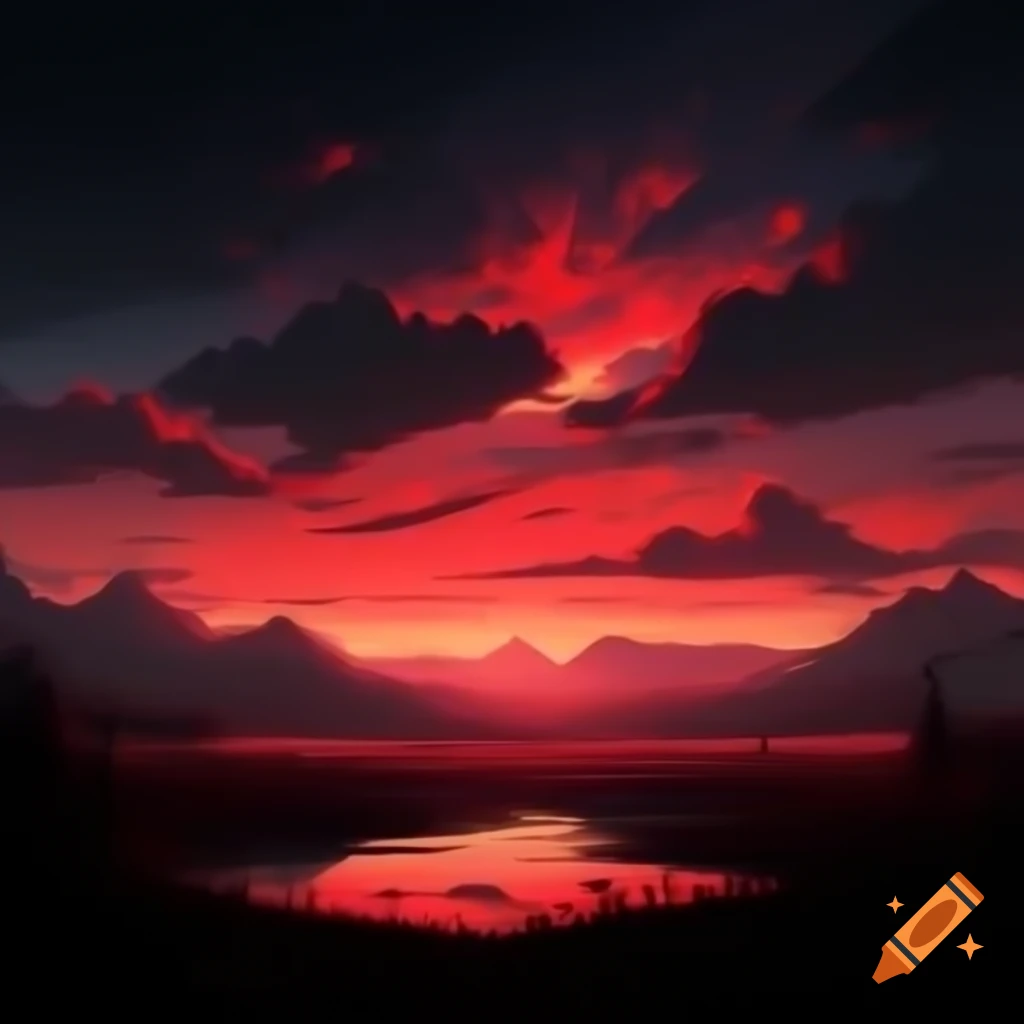 Mystical landscape with red sky in anime style, cover art