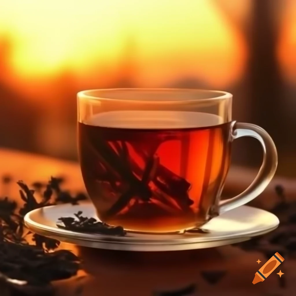 Oolong tea cup with sunset backdrop