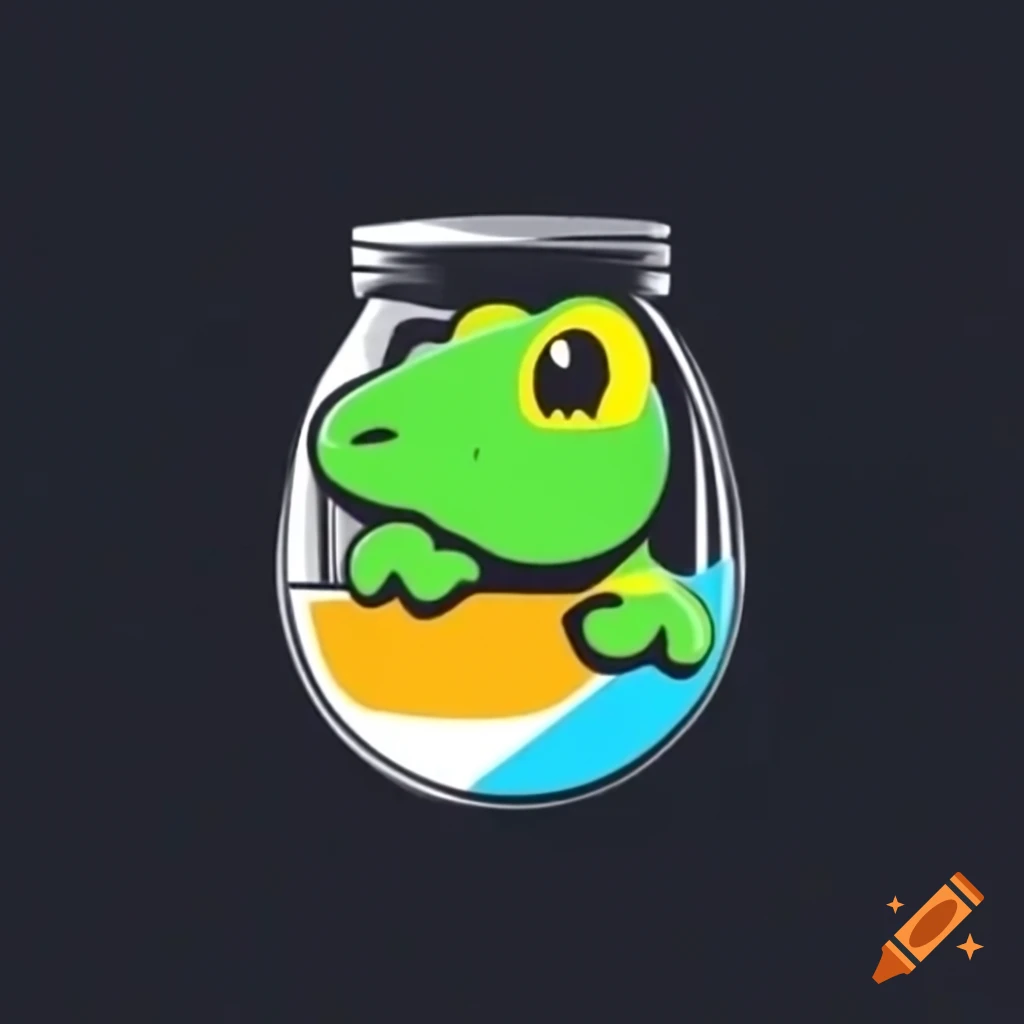 Friendly gecko logo embracing glass jar, tail missing