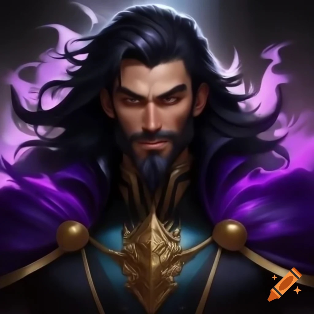 Handsome male character with magical aura, sharp jawline, and bright purple eyes