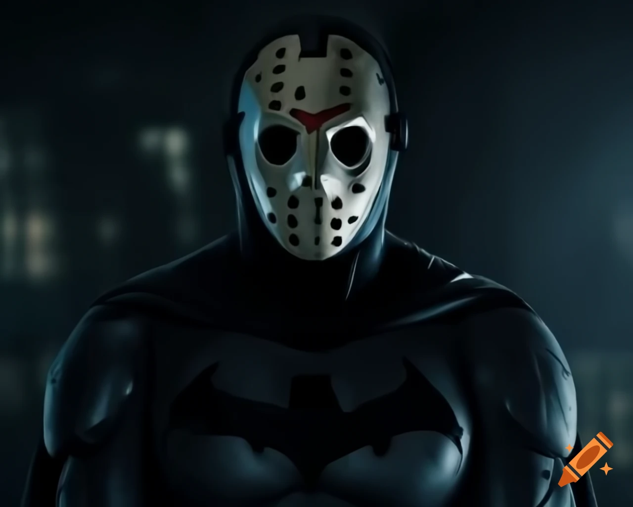 Concept artwork of a character blending Jason Voorhees with Batman elements