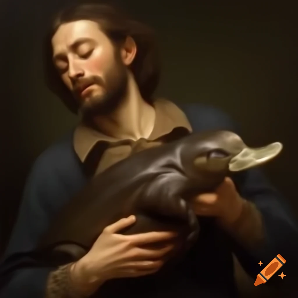 Man cradling platypus in 1800s oil painting by leonardo da vinci on craiyon