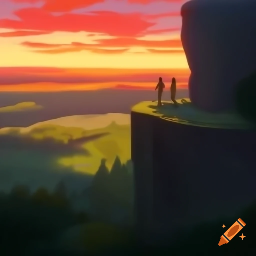 Elara and Kai at cliff edge during sunset, vibrant orange and pink sky