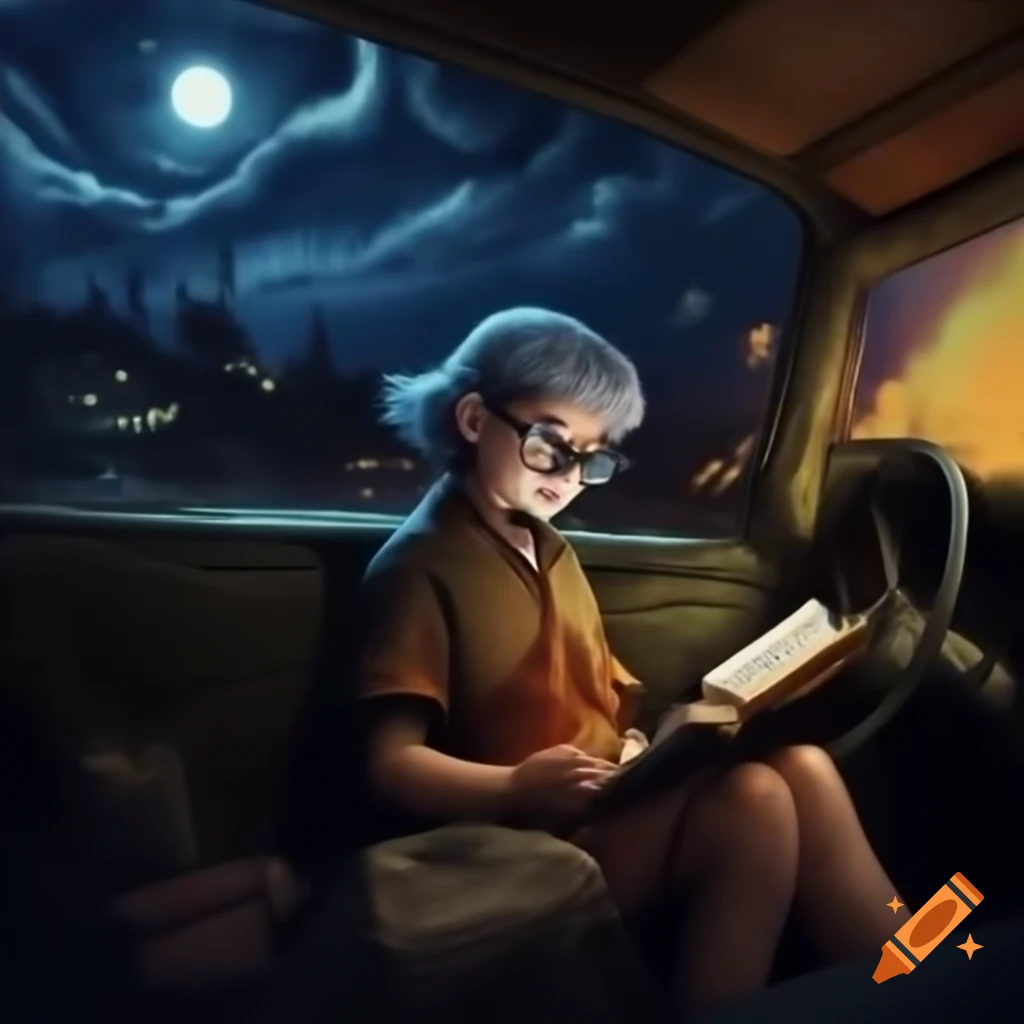 Robin Hamilton Maule fixing a 1970s yellow vehicle in a haunted junkyard at night