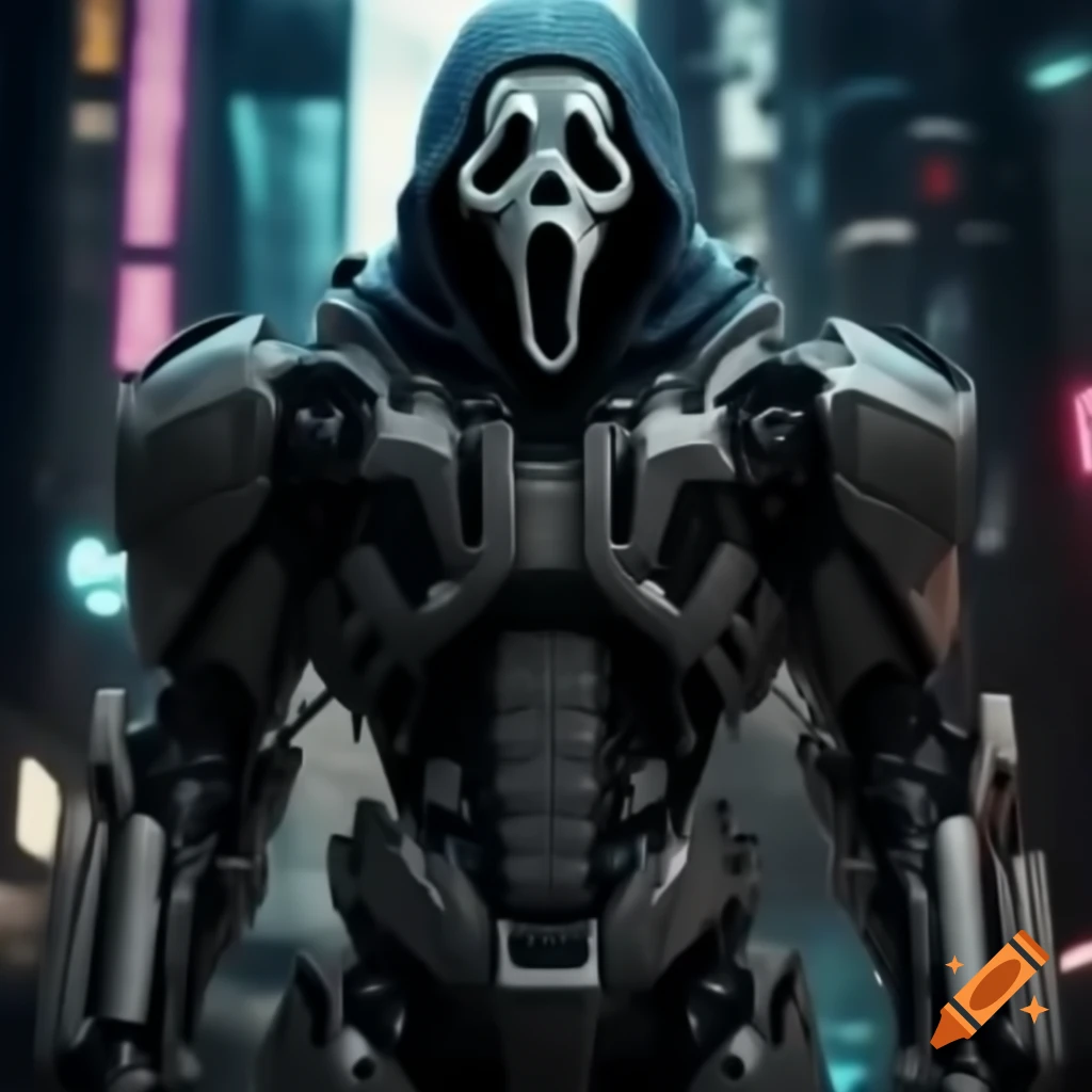 GhostFace robot armor in futuristic Cyberpunk city