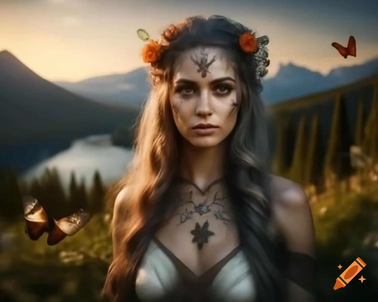Hyperrealistic depiction of mystical Norse Celtic woman with flowers and butterflies in her hair