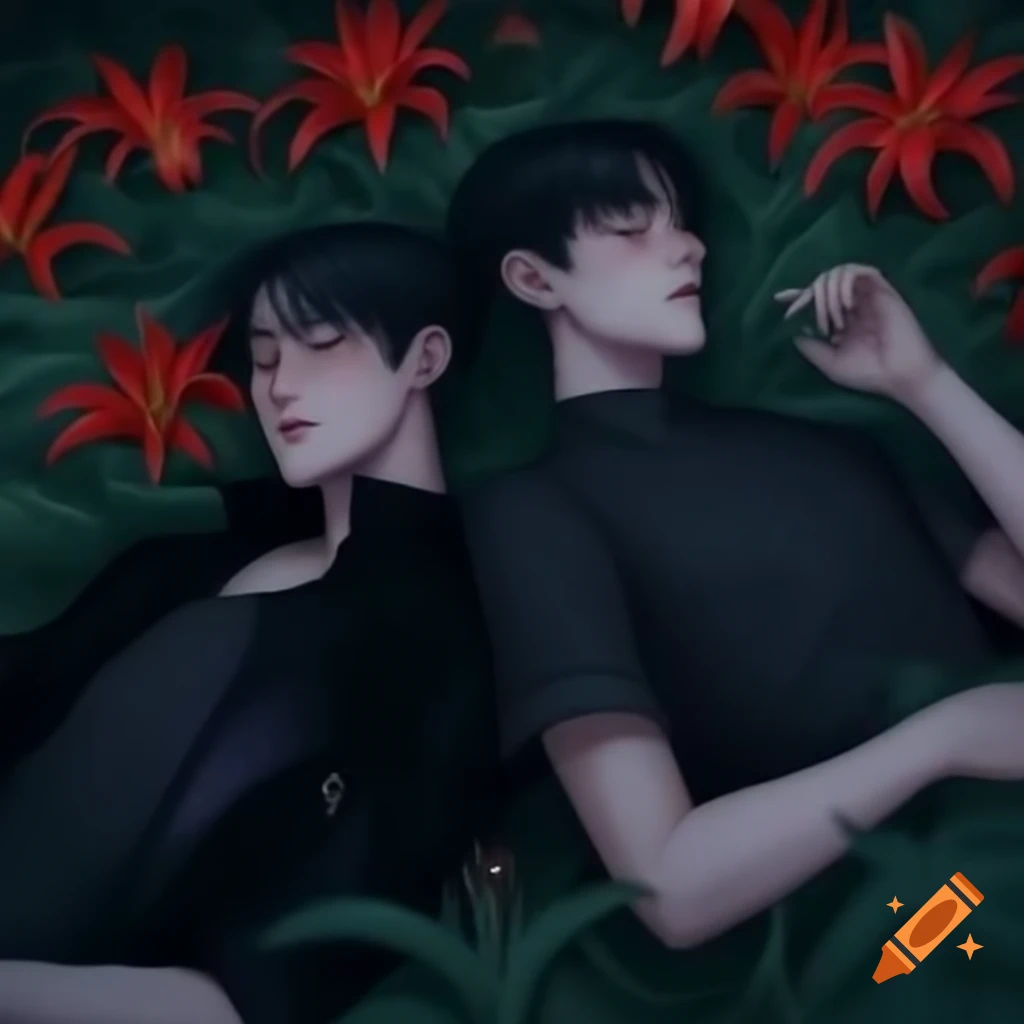 Two men in black clothing lying in field of red spider lilies at night