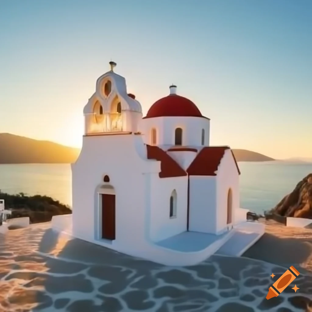 Sunrise over Greek church on island by the sea