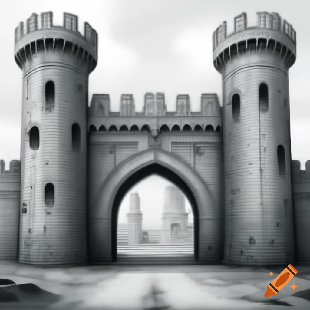 Greyscale drawing of castle gate entrance with crenelated towers