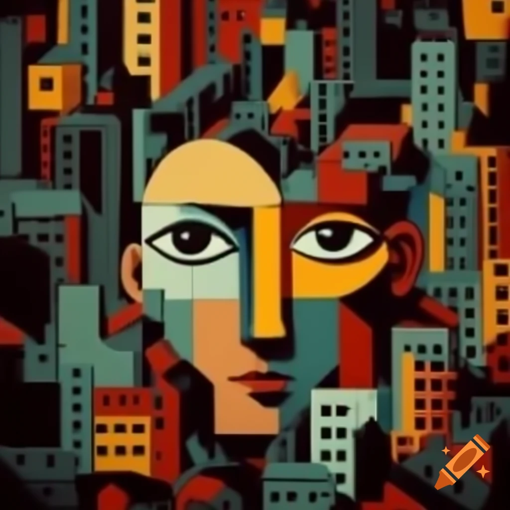 Cubist artwork blending a face with a cityscape
