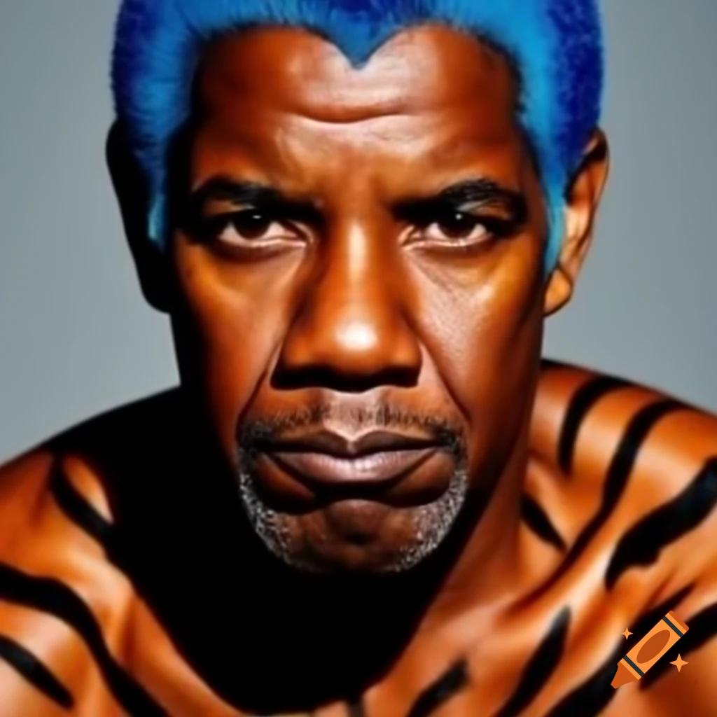 Muscular figure with tiger-style makeup and colorful hair