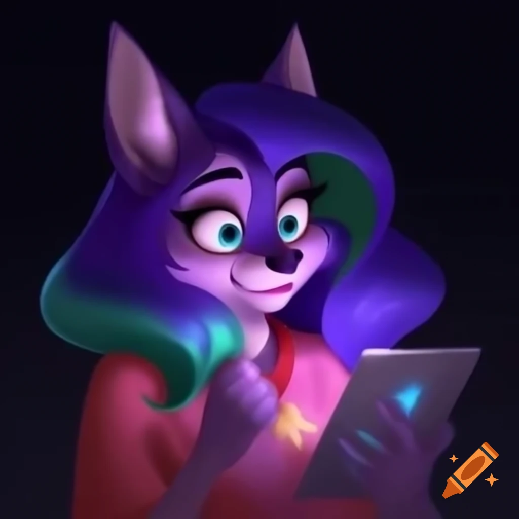 Disney style anthropomorphic wolf with purple and green hair looking shocked at tablet