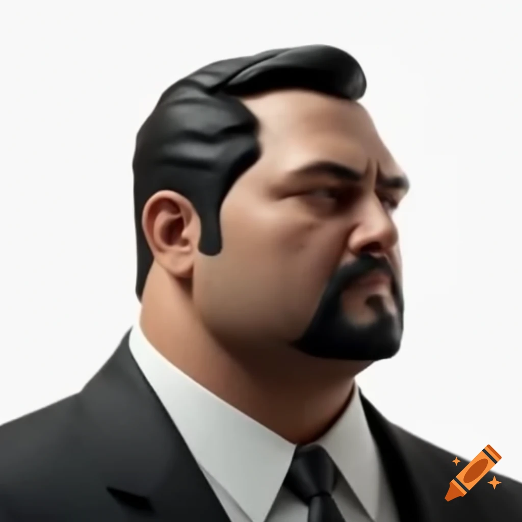 Side profile of overweight man in black suit on white background