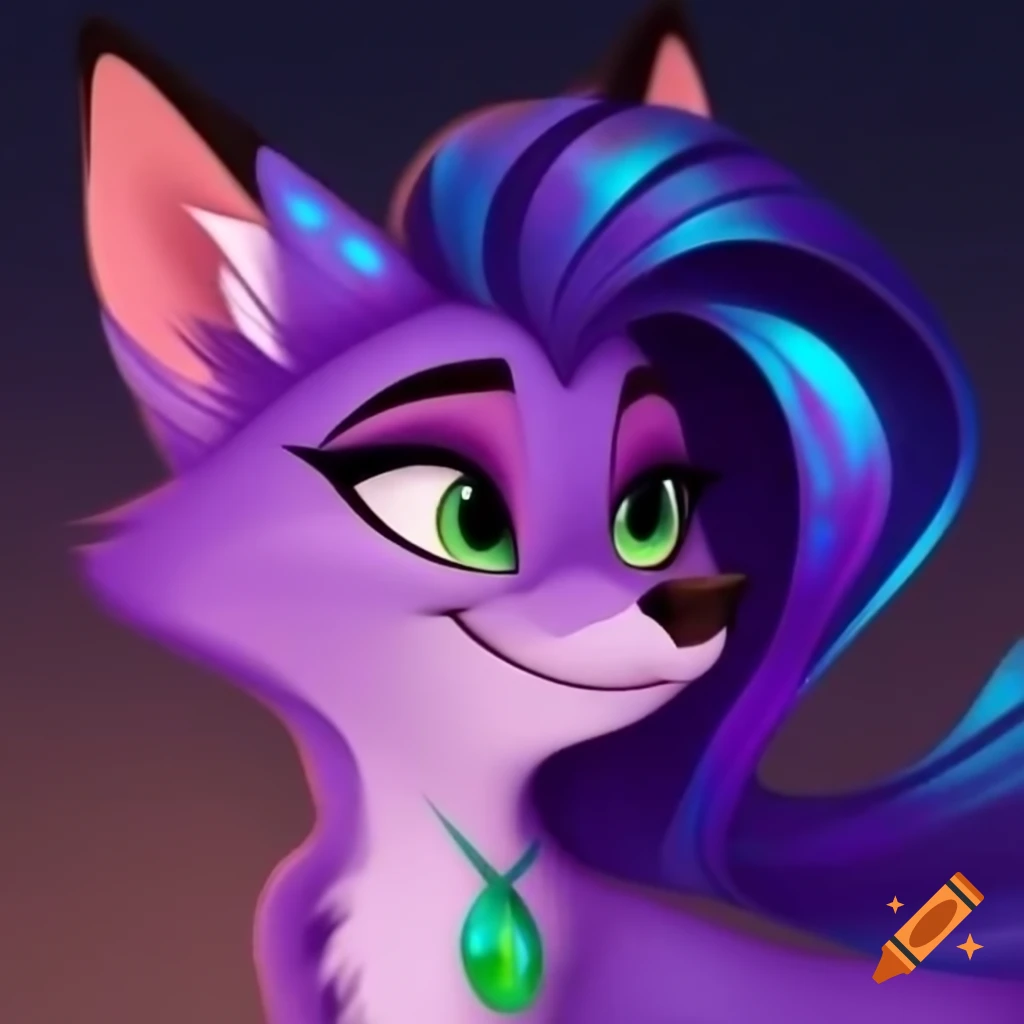 Charming Disney-style fox with iridescent purple and emerald-haired features