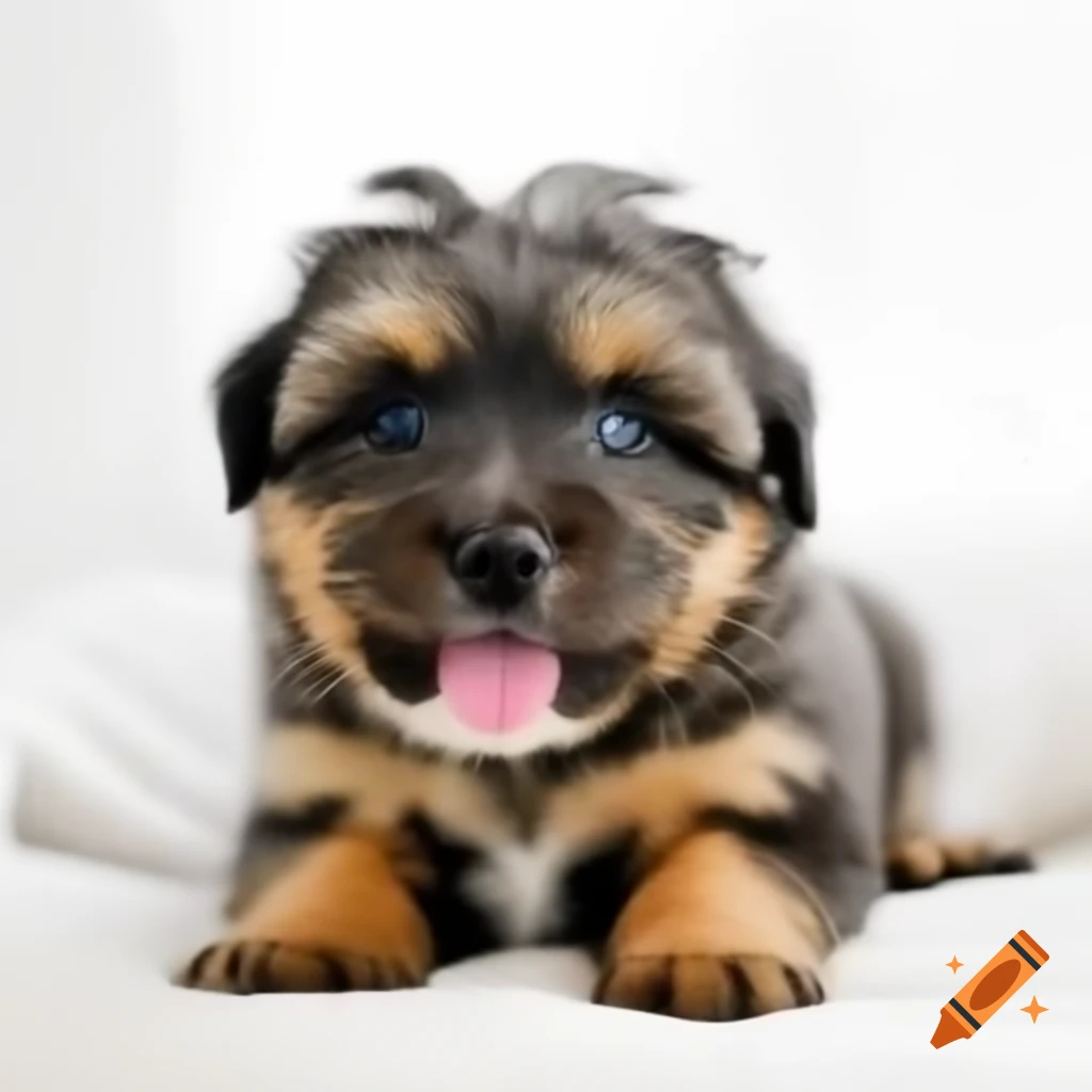 Playful black and grey Shih Tzu puppy sitting on dog bed with white background, photorealistic
