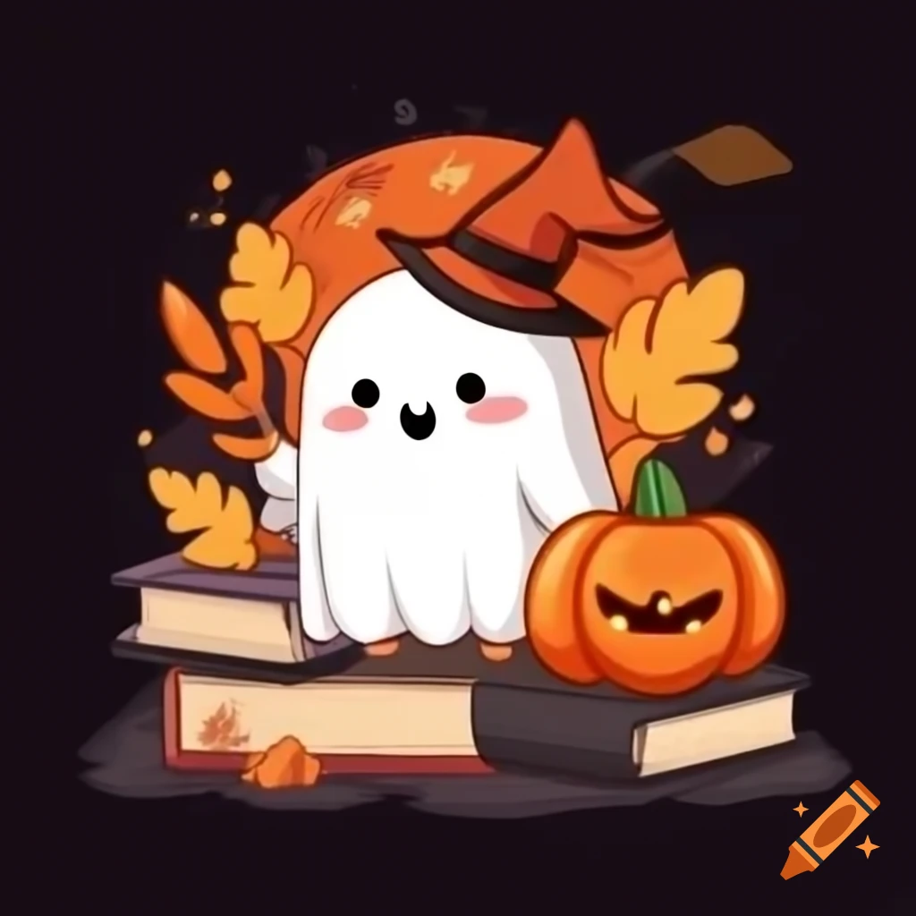 Cute Halloween design featuring ghost, pumpkin, books, and leaves