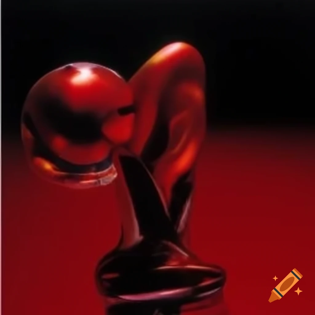 Pop surreal photography featuring iridescent red glass statue