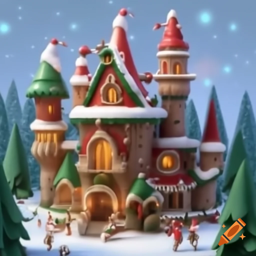 Whimsical Santa's workshop decorated for Christmas with vivid colors