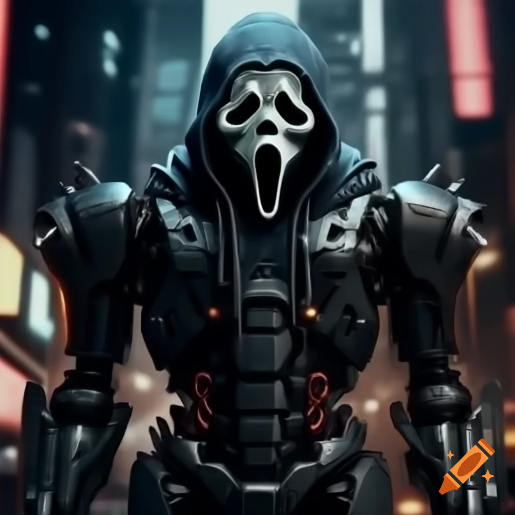 GhostFace robot armor in futuristic Cyberpunk city