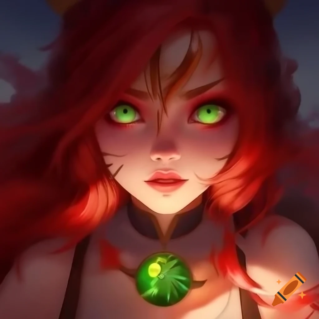 Anime adventurer with red-brown hair and emerald eyes, featuring scars and dragon-shaped necklace