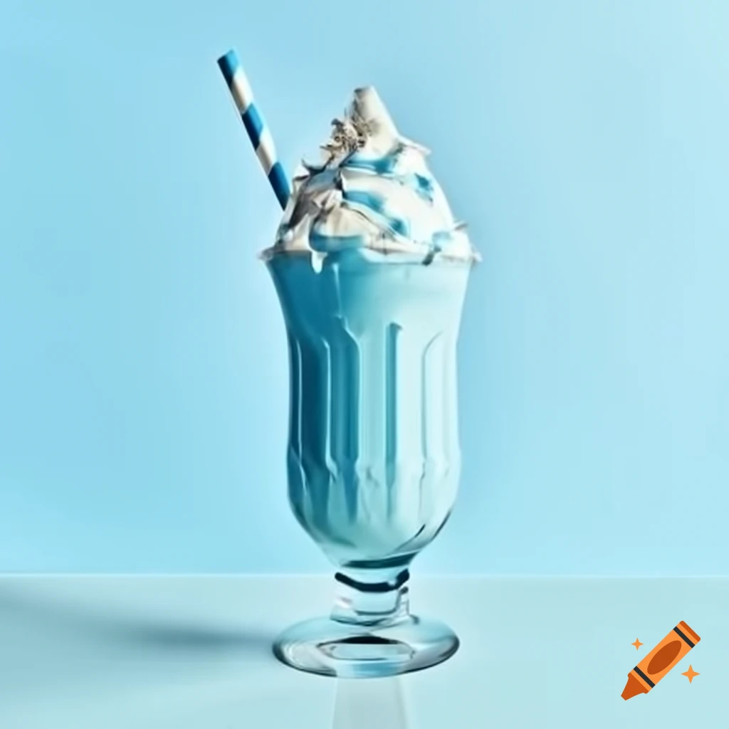 Blue milkshake topped with whipped cream in glass on white background