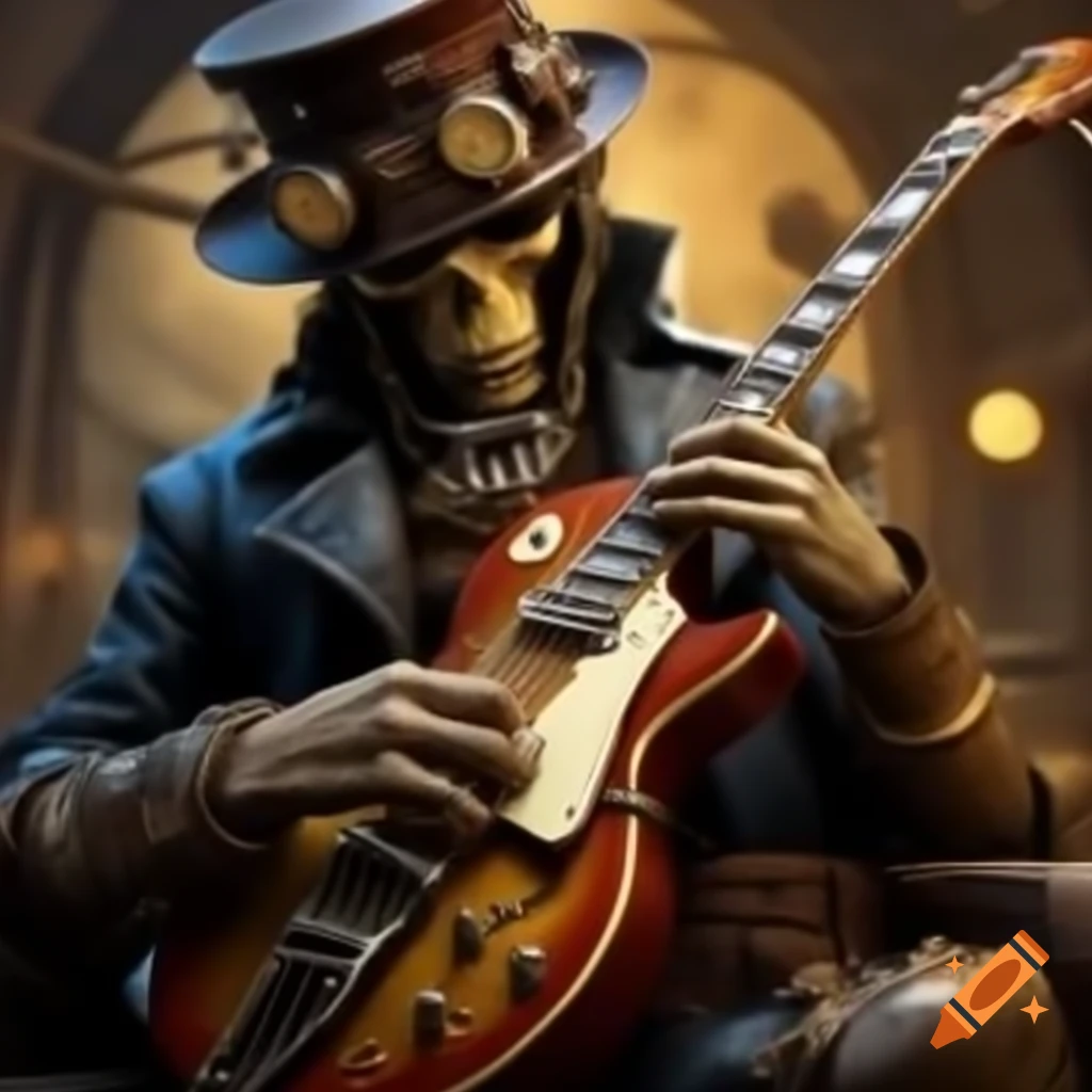Steampunk-style guitar with intricate mechanical design