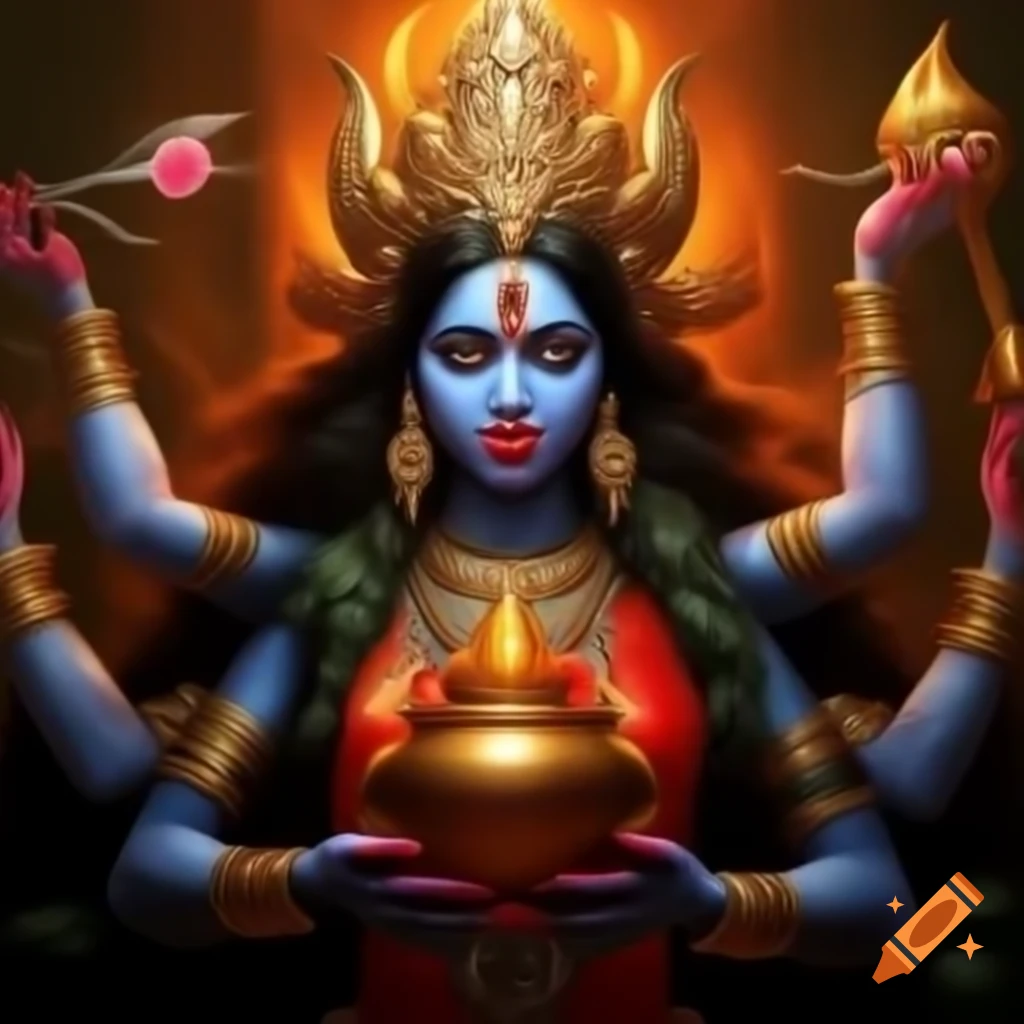Fierce goddess Kali in red holding ornate Kalash with glowing devotion