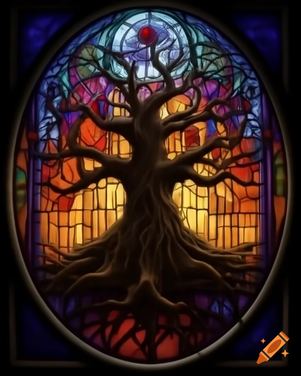 Spooky tree with stained glass, artwork by Greg Rutkowski