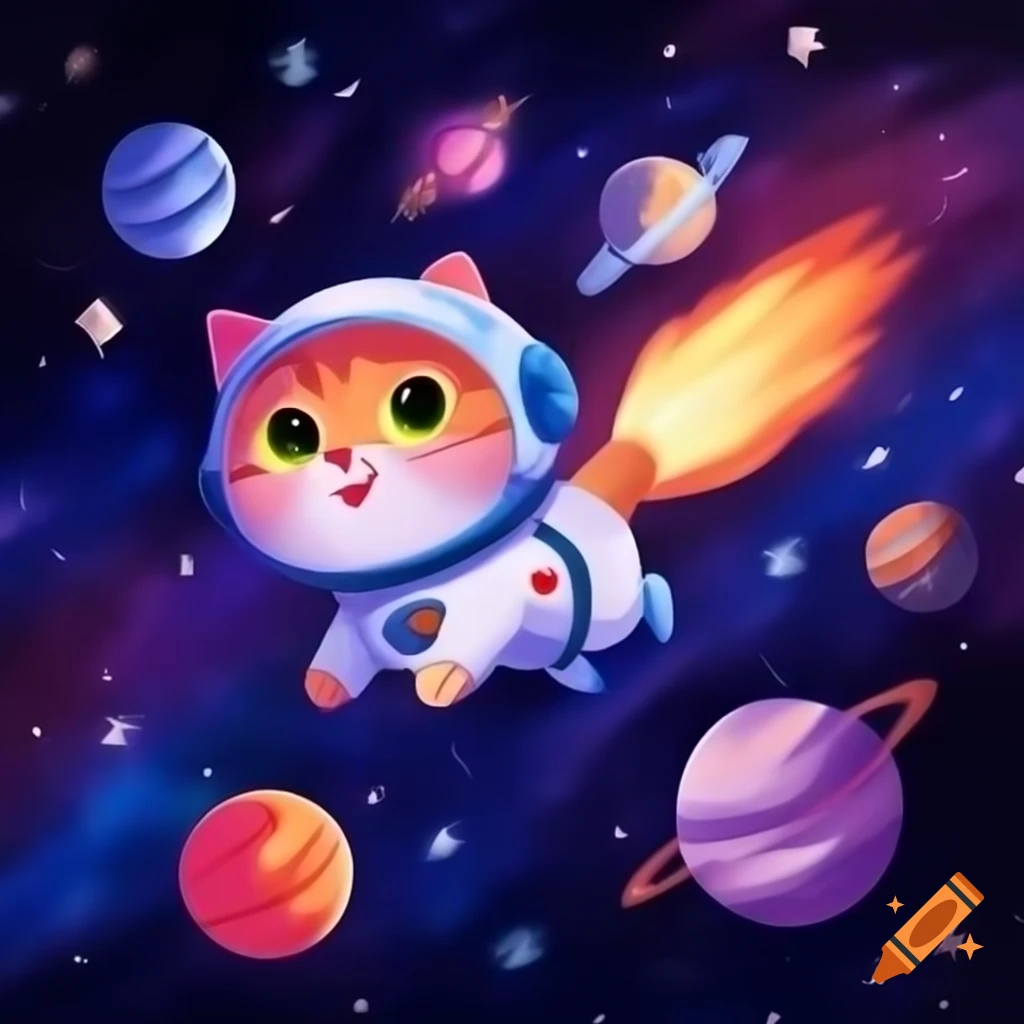 Cat in spacesuit traveling through colorful planets in space