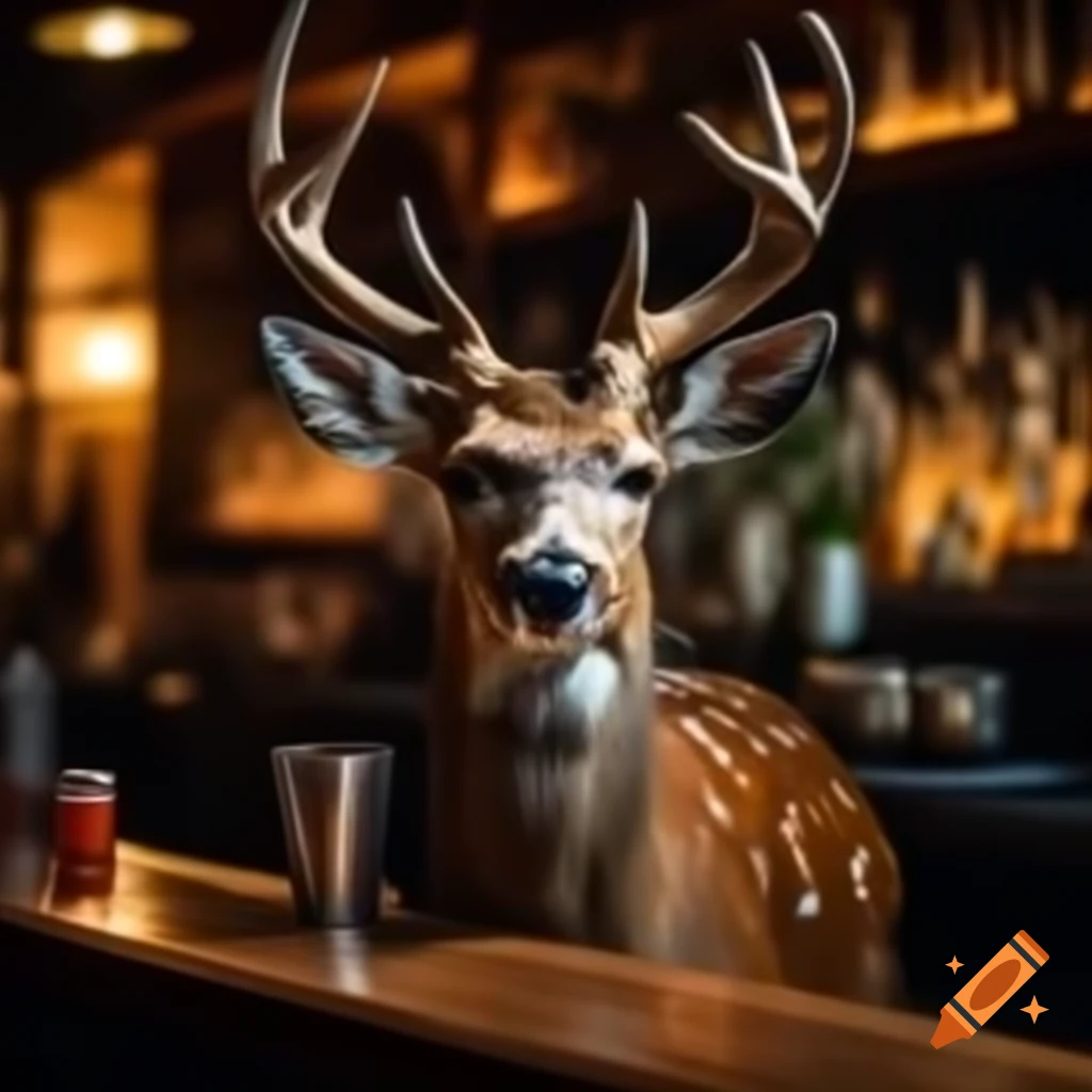 Deer sitting at a bar, whimsical scene
