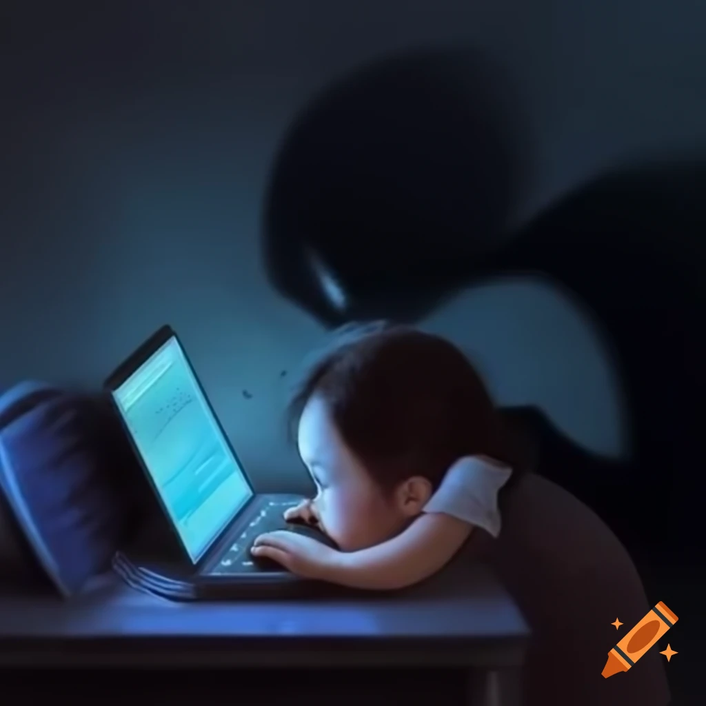 Girl using laptop with shadowy figure behind her