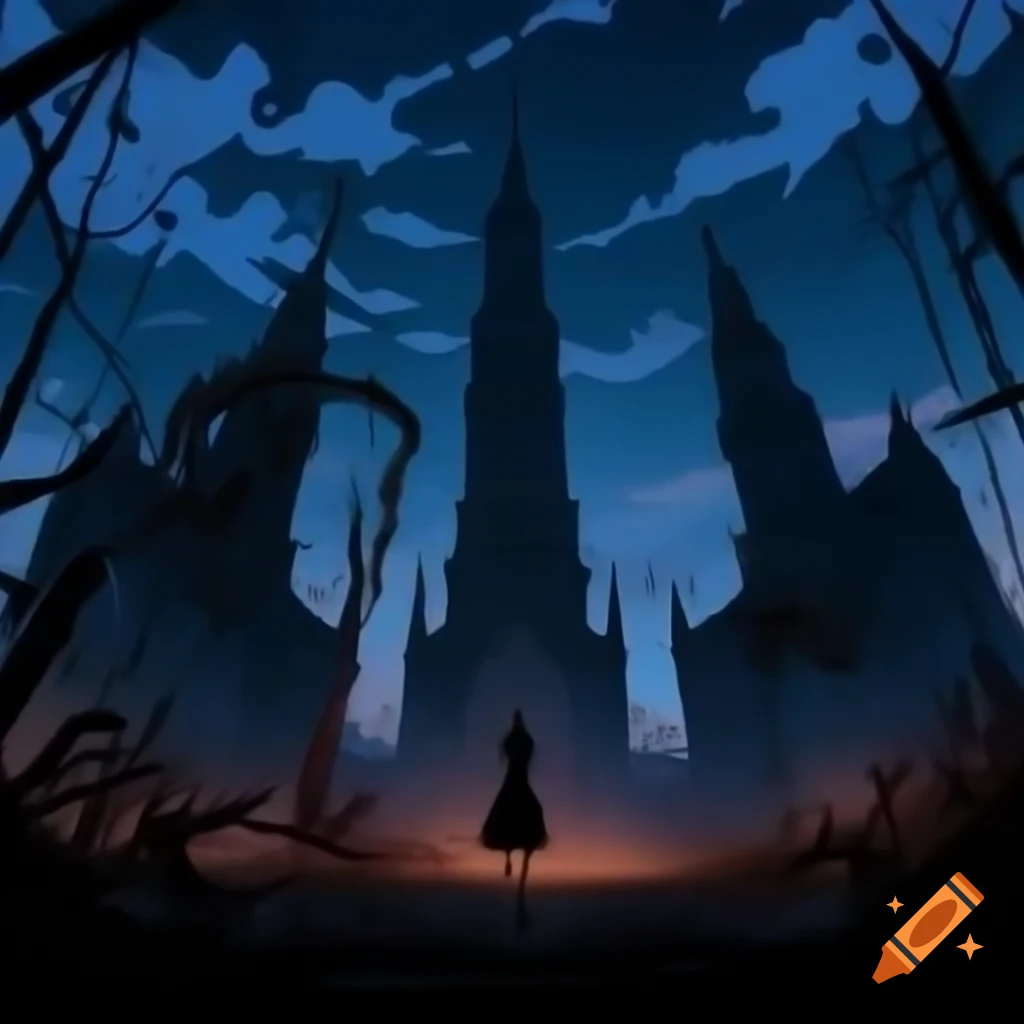 Ominous figures silhouetted against gothic structures in twilight