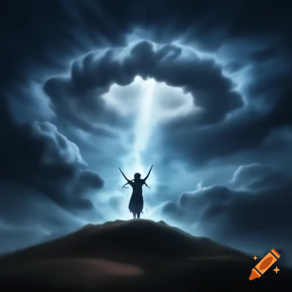 Solitary figure performing ancient rituals on hill during storm
