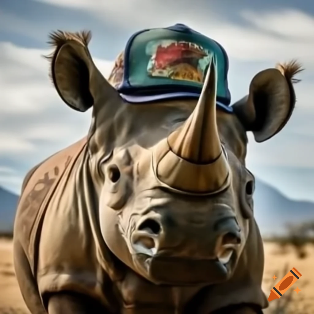 Rhinoceros wearing a trucker hat