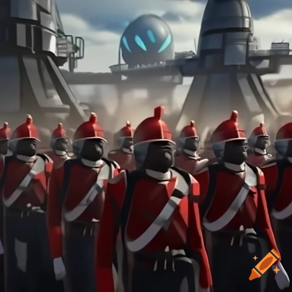 Futuristic Chancellery Guards of Gallifrey in red and white uniforms charging multi-dimensionally